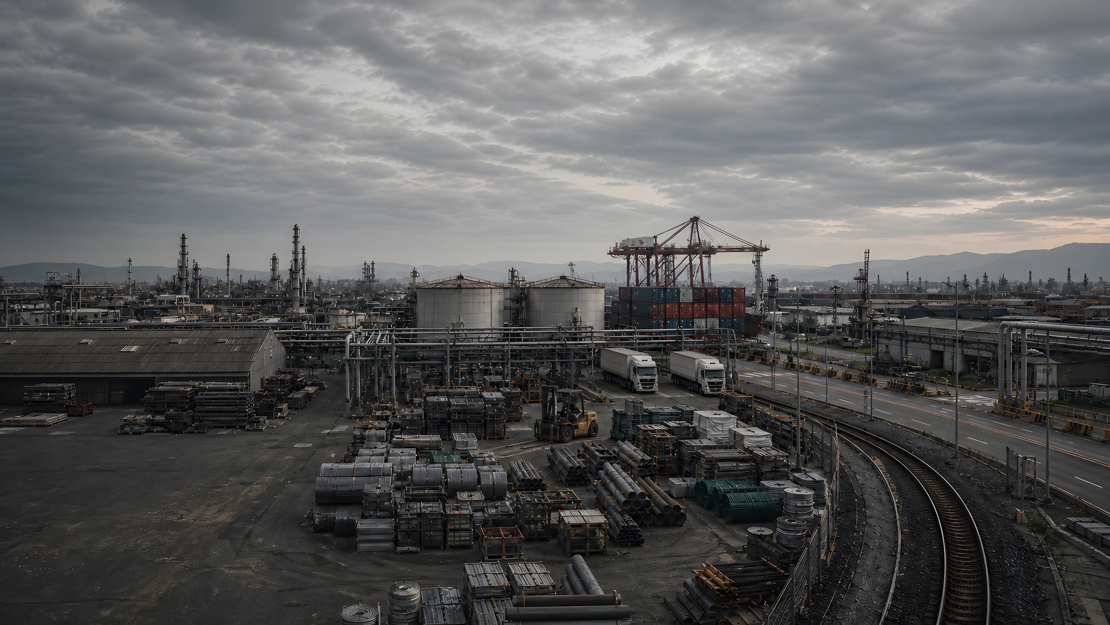 Contextual industrial panorama with trading goods, energy infrastructure and cargo logistics